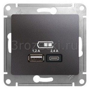 3rozetki.ru - Schneider Electric - [GSL001339] GLOSSA USB РОЗЕТКА A+С, 5В/2,4А, 2х5В/1,2 А, механизм, ГРАФИТ ().